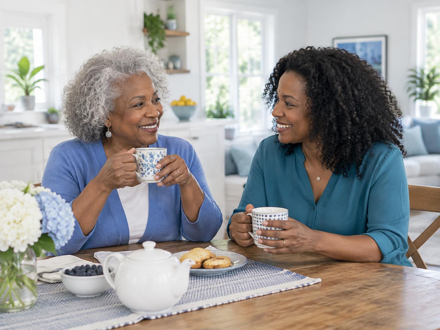 An older adult and a family member share a conversation over tea at home